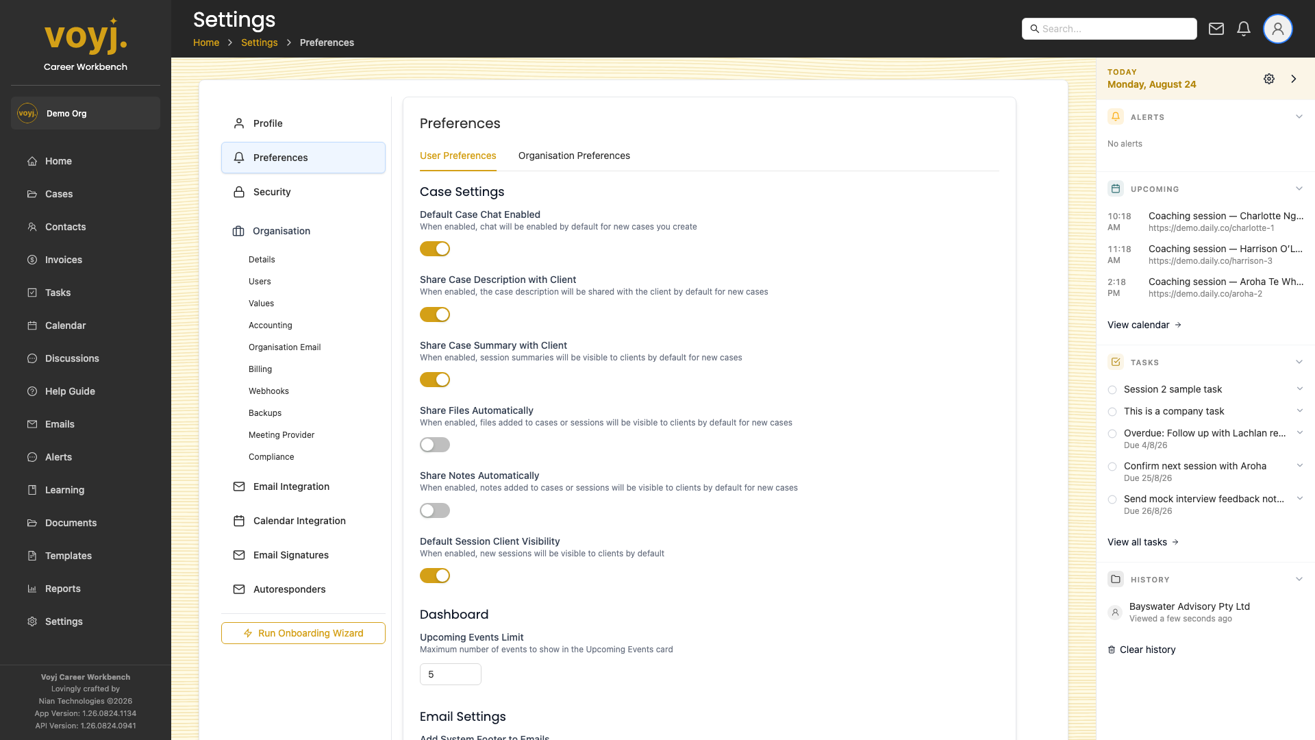Settings Preferences page with notification and locale settings.