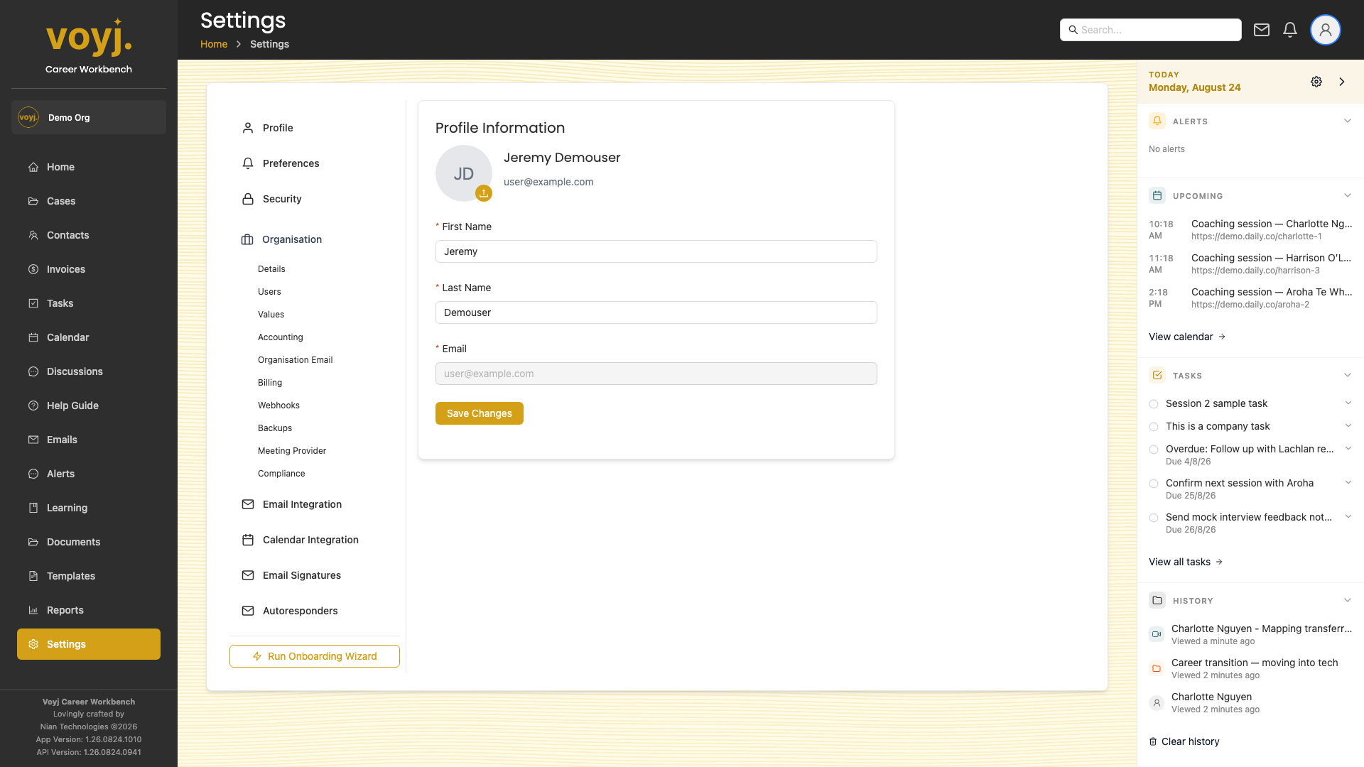 Voyj Settings landing page showing the nested sidebar with Account, Organisation and Integrations groups.