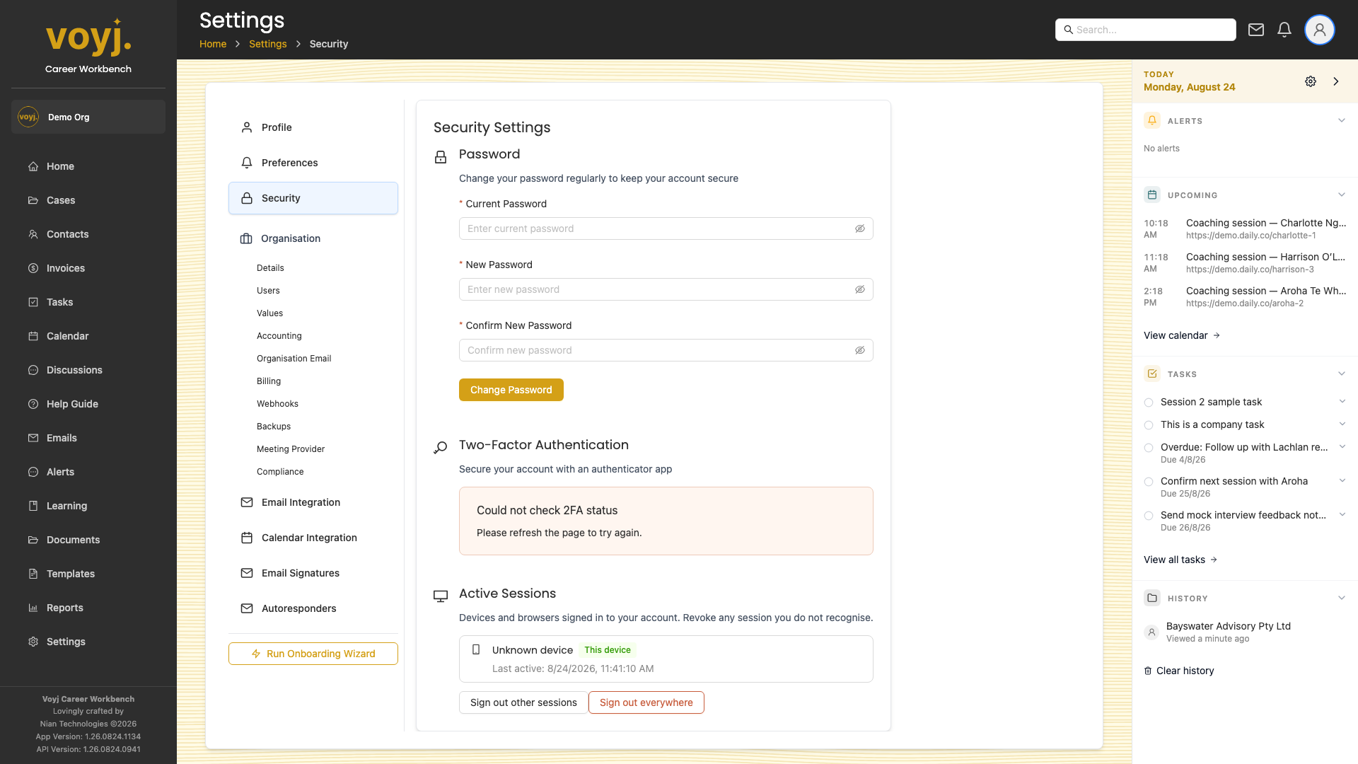 Settings Security page with password and MFA controls.