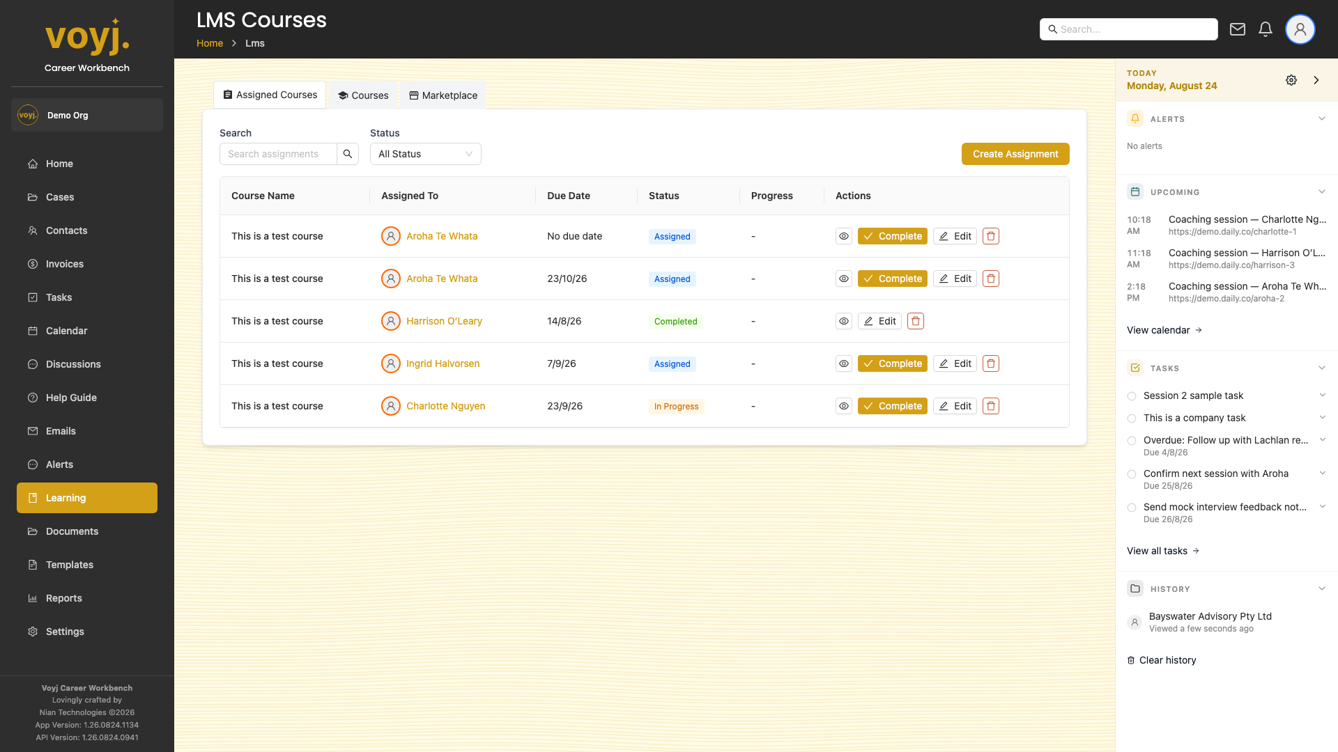 Learning page on the Assigned Courses tab listing courses assigned to clients.