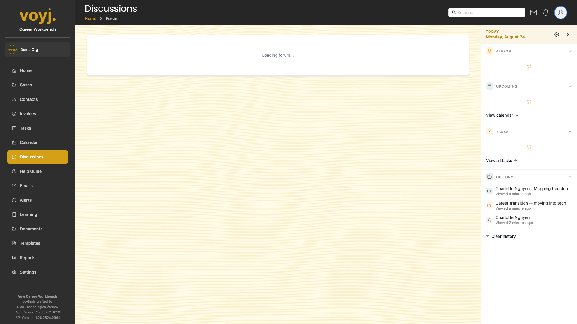 Voyj Discussions page with section list and a placeholder for the first post.
