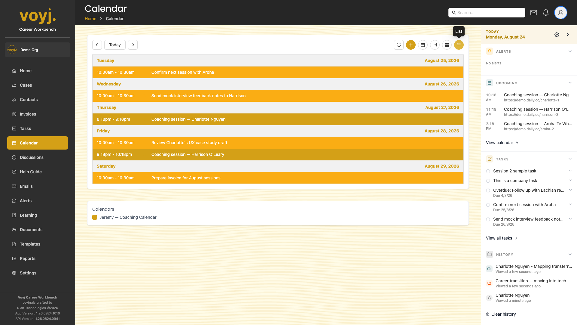 Voyj Calendar list view showing events as a chronological list.