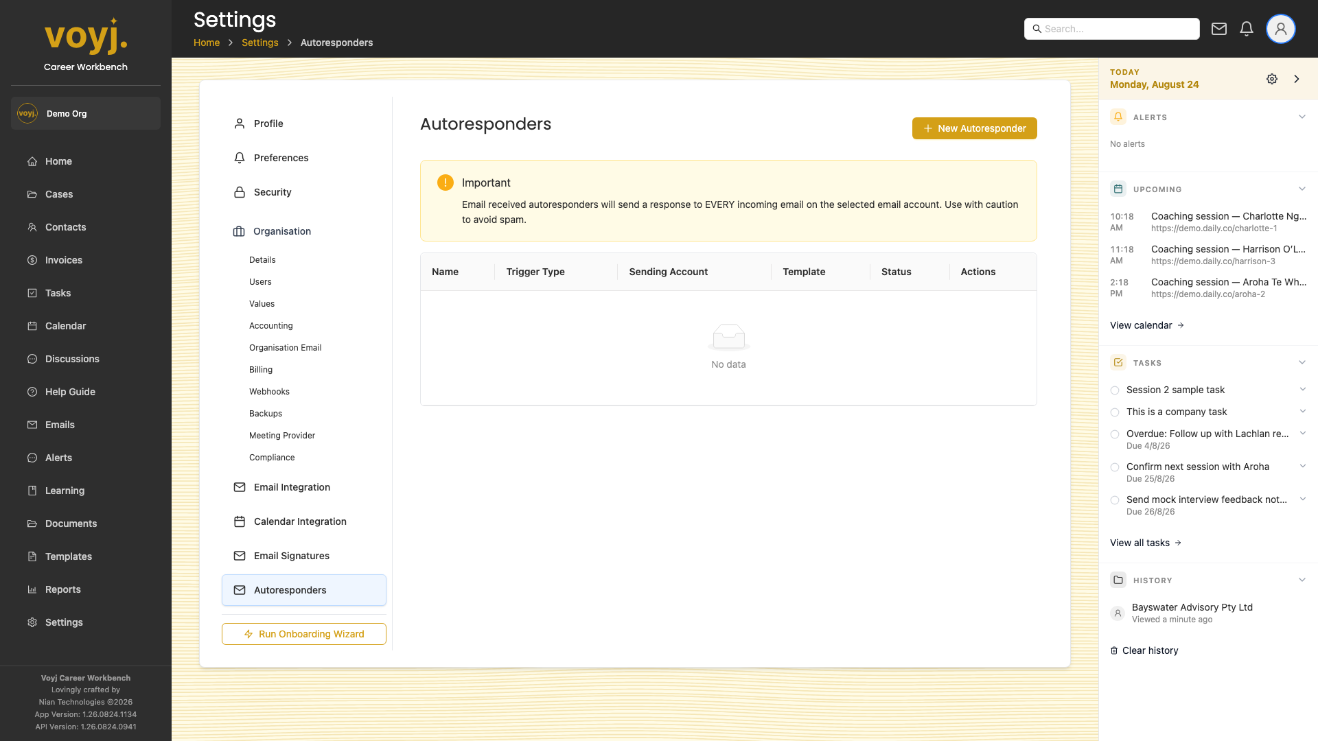 Settings Autoresponders page listing autoresponder rules.