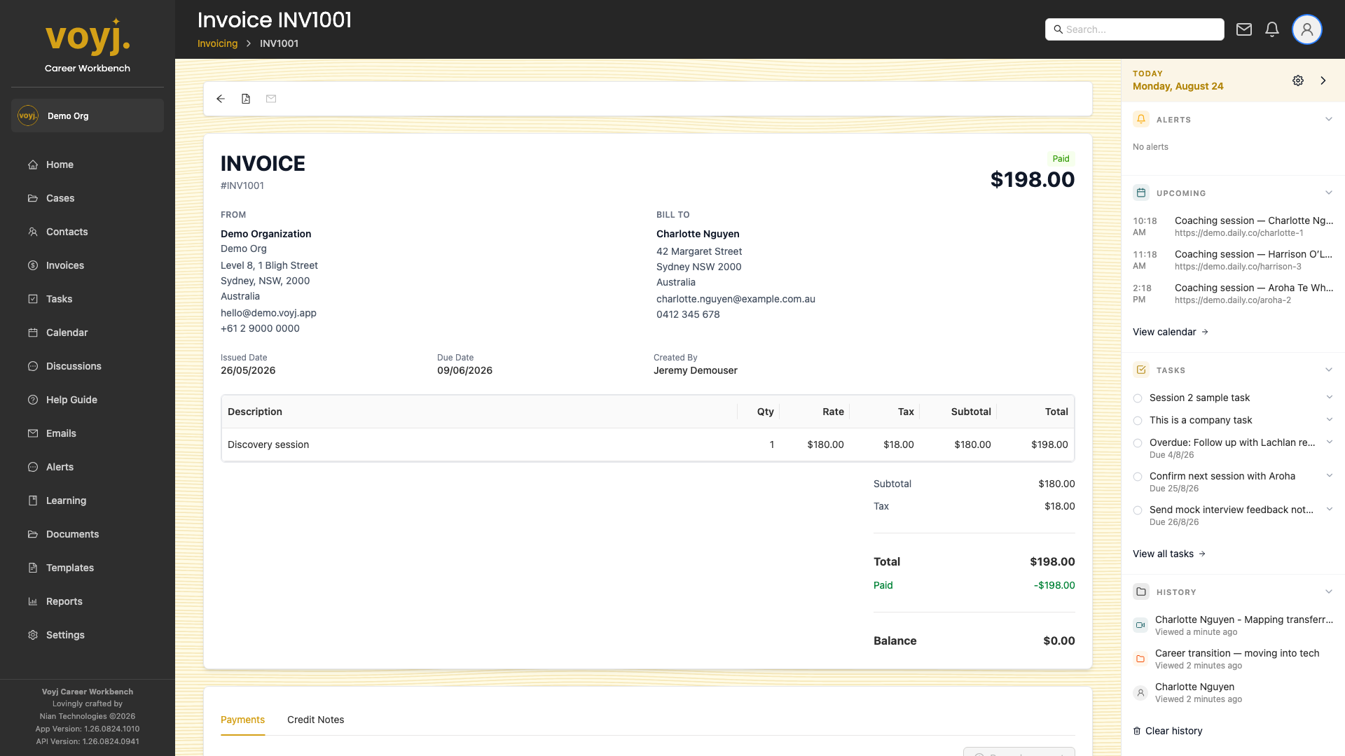 Voyj invoice detail page showing line items, tax breakdown and a payment panel.