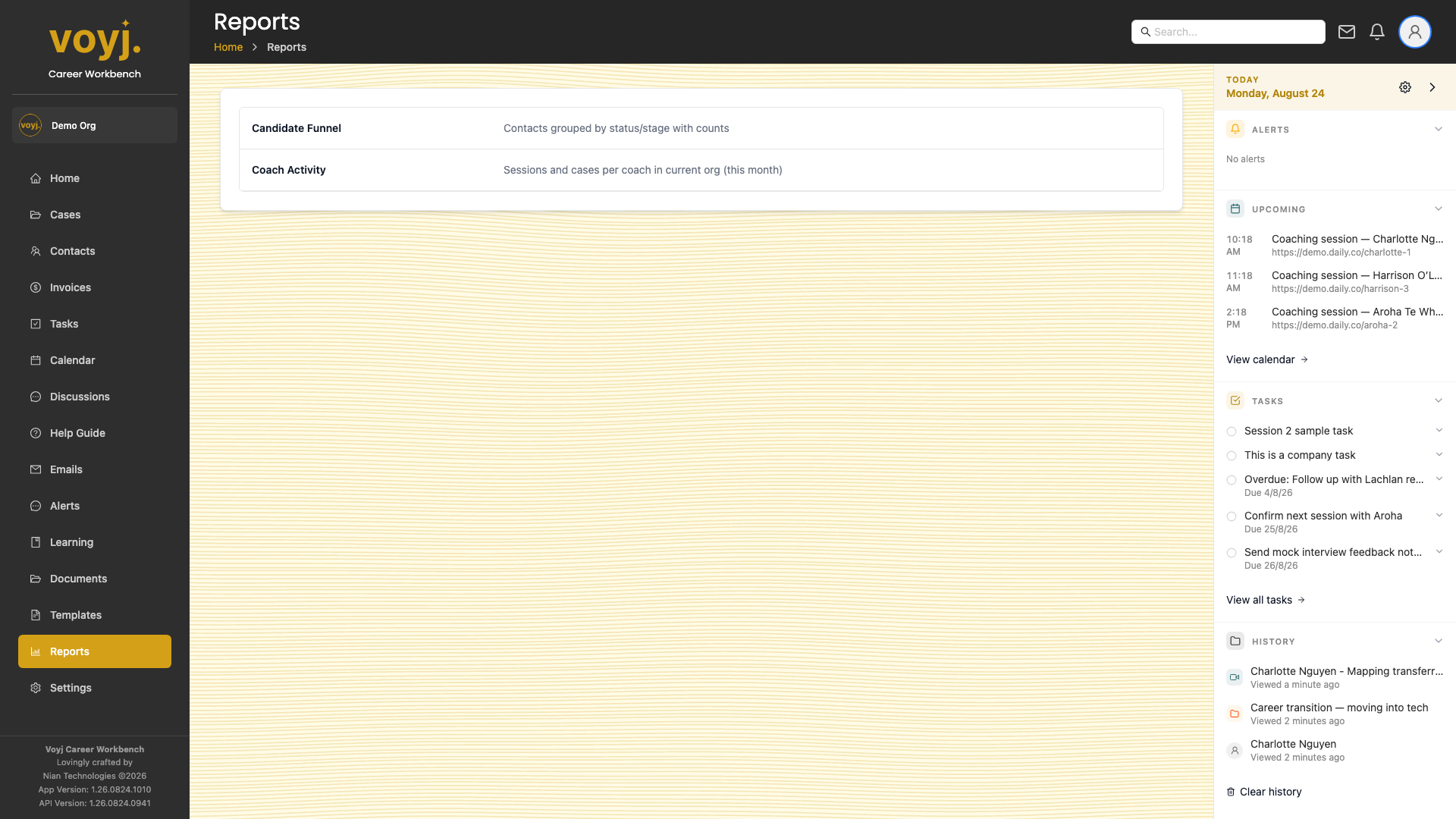 Voyj Reports page with date-range selector, coach filter and report preview area.