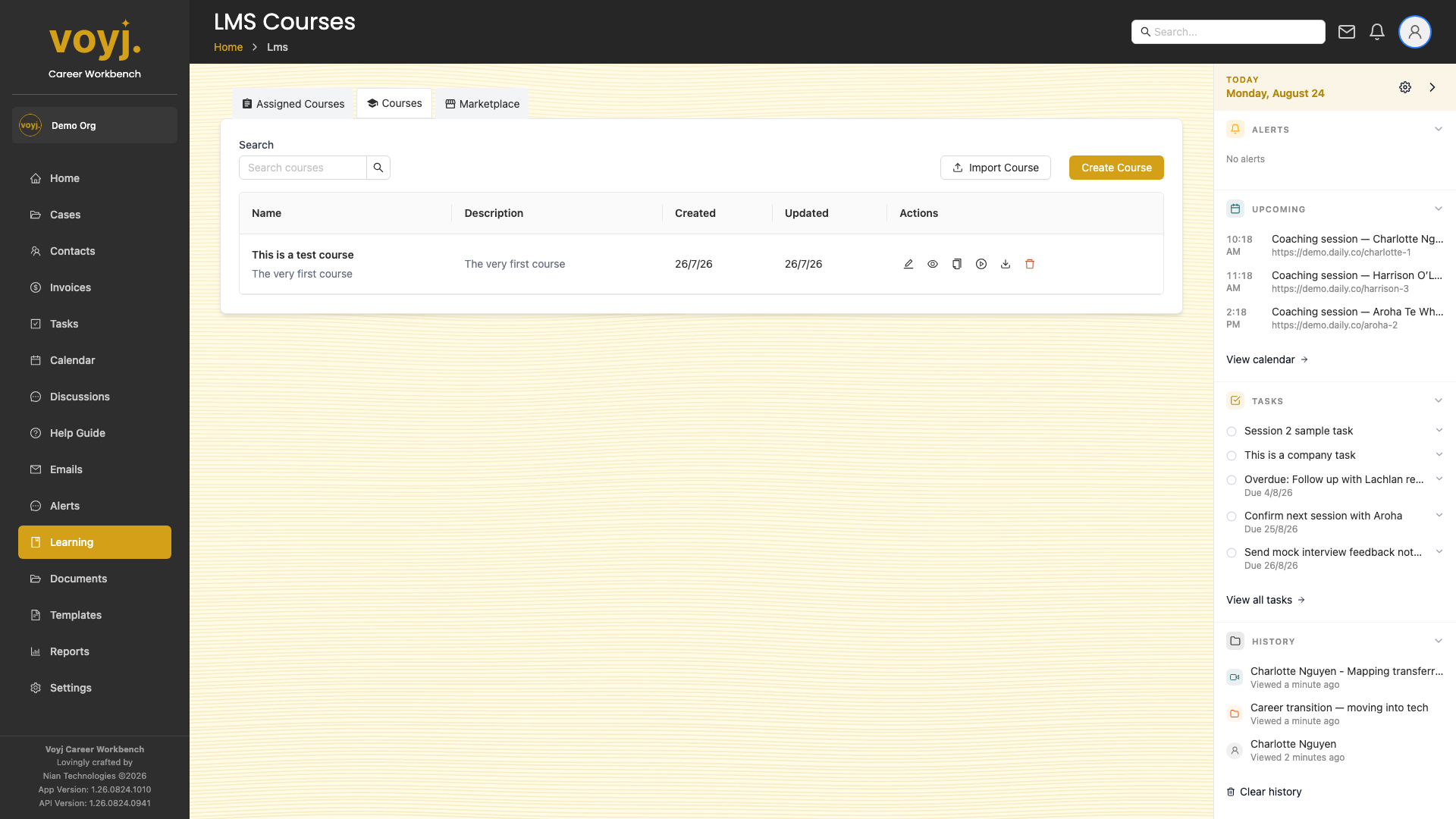 Voyj Learning courses page showing the assigned, courses and marketplace tabs.