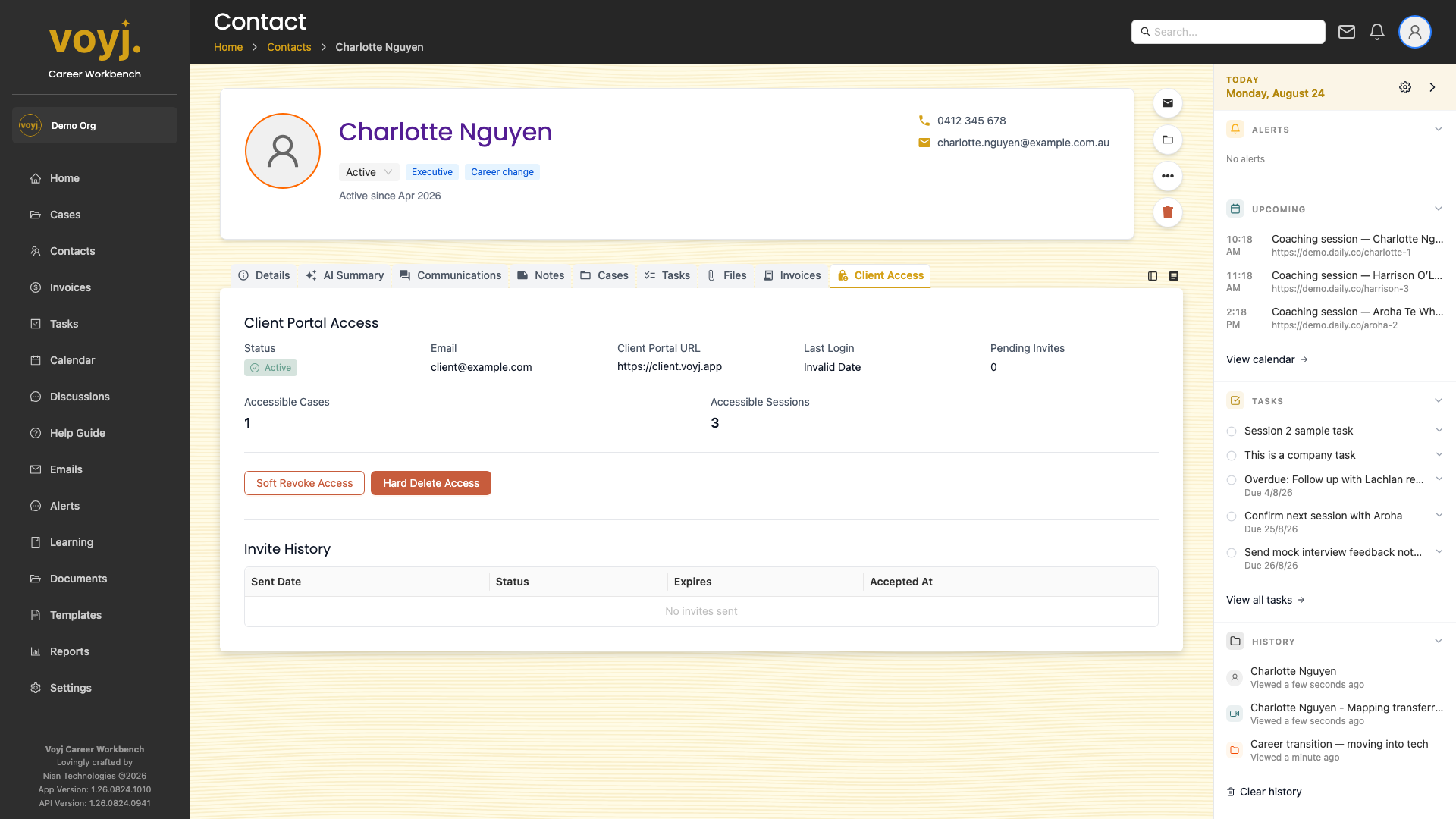 Client Access tab on a contact record showing the portal invitation and access status.