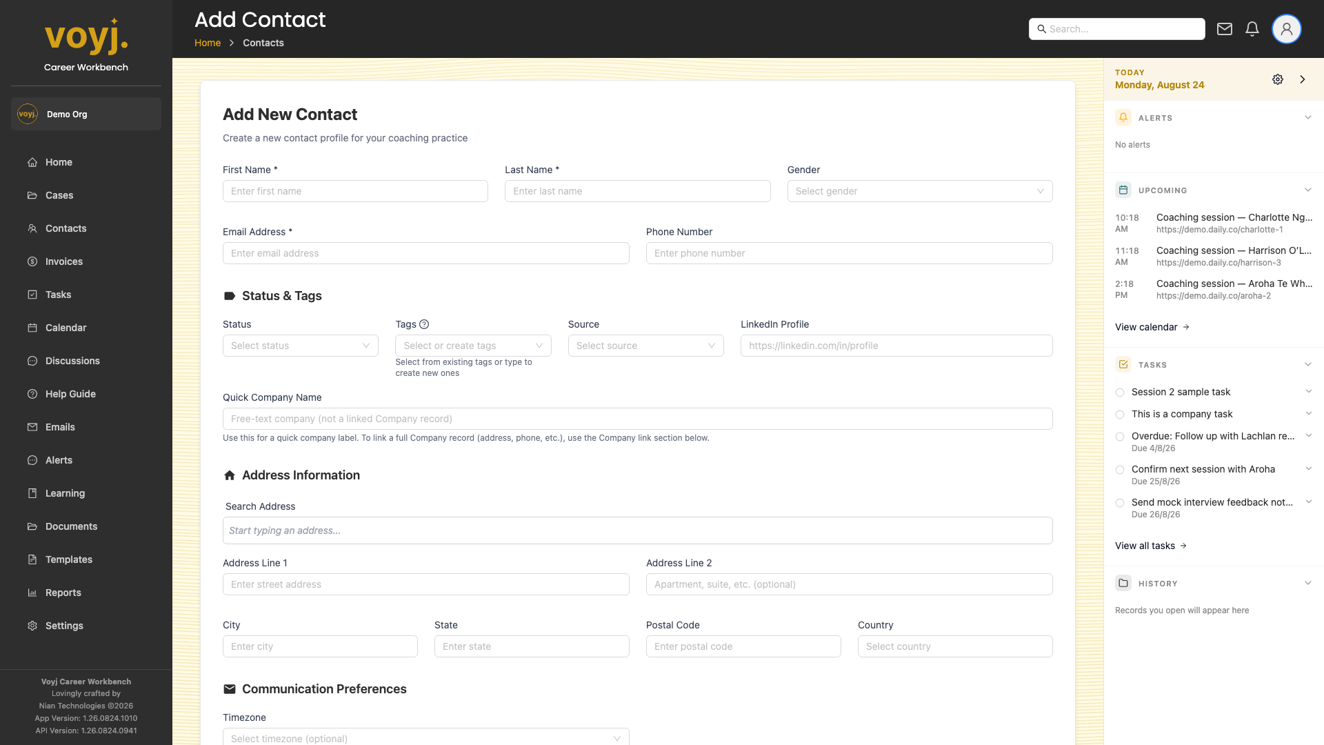 Add contact form with fields for title, name, email, phone, address and pipeline stage.