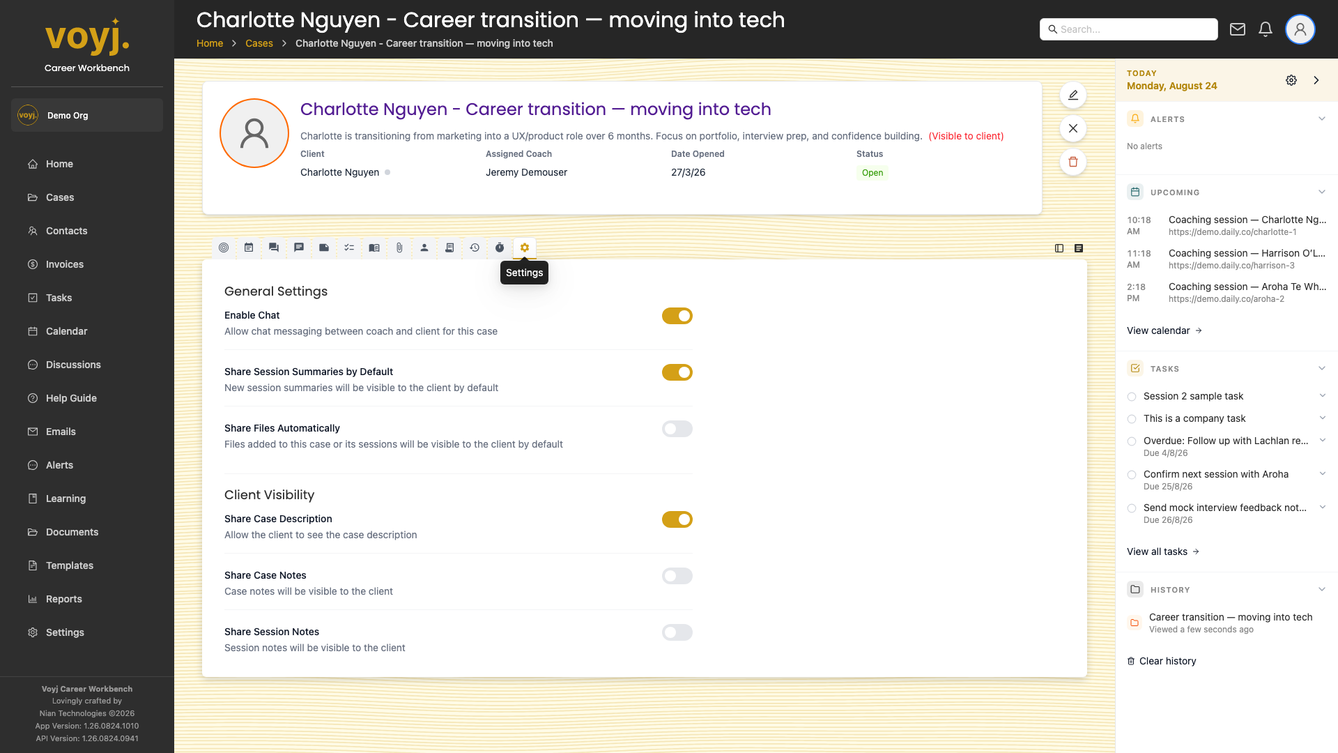 Settings tab inside a case showing case-level options and share defaults.