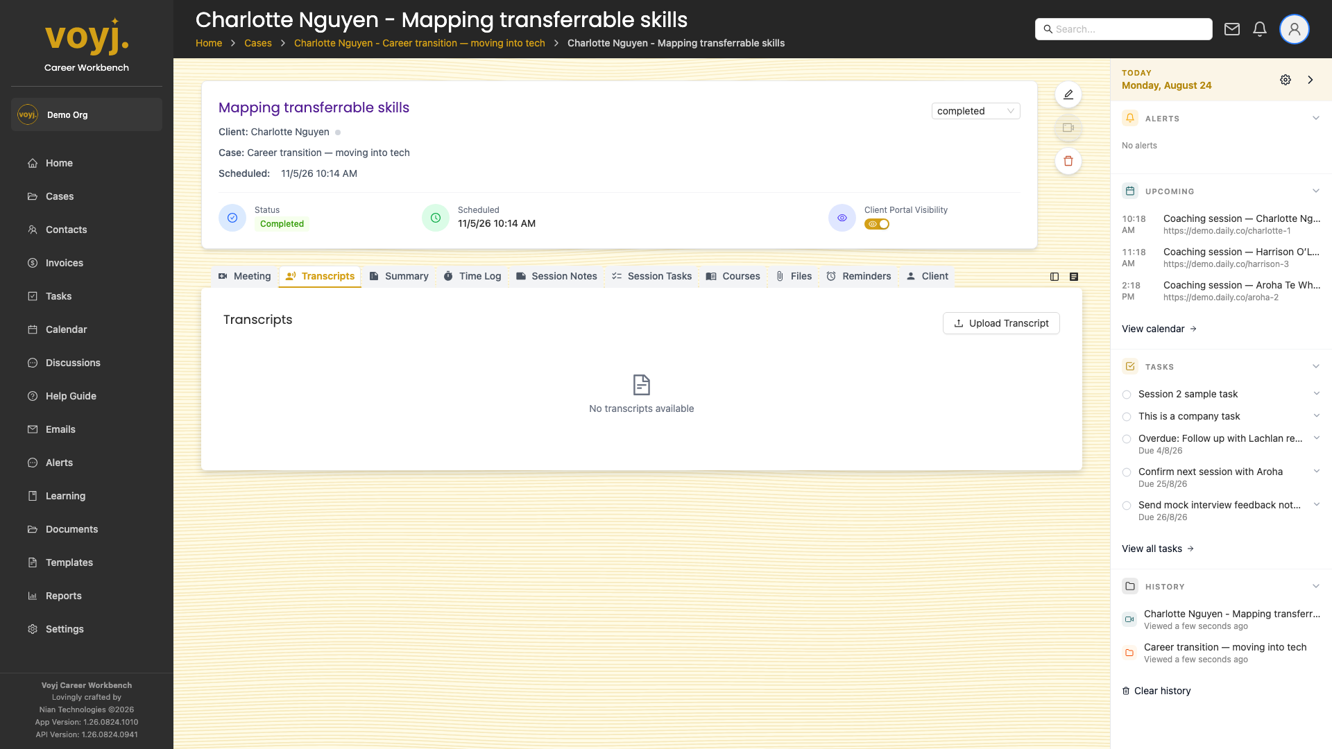 Transcripts tab on a session showing a generated transcript with speaker labels.