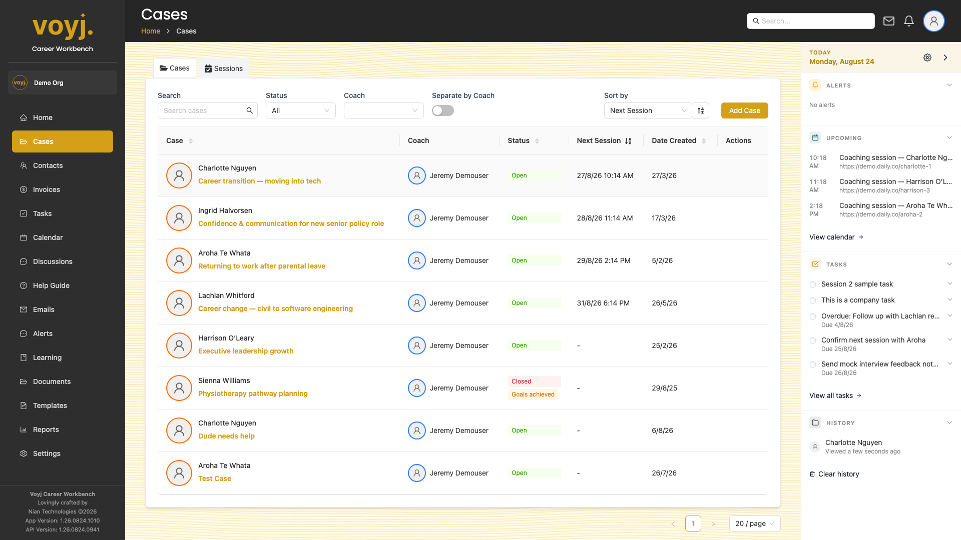 Voyj Cases list with open case filter, search and a table of cases.