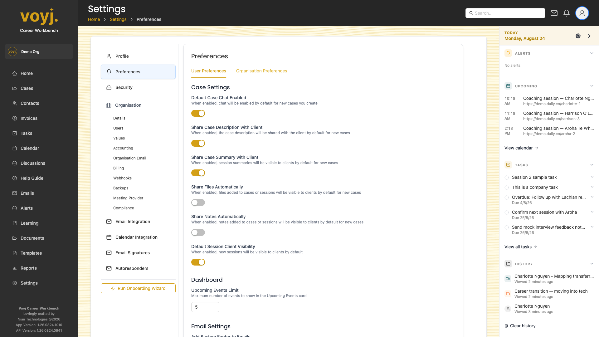 Voyj Preferences page showing user and organisation preference sections.
