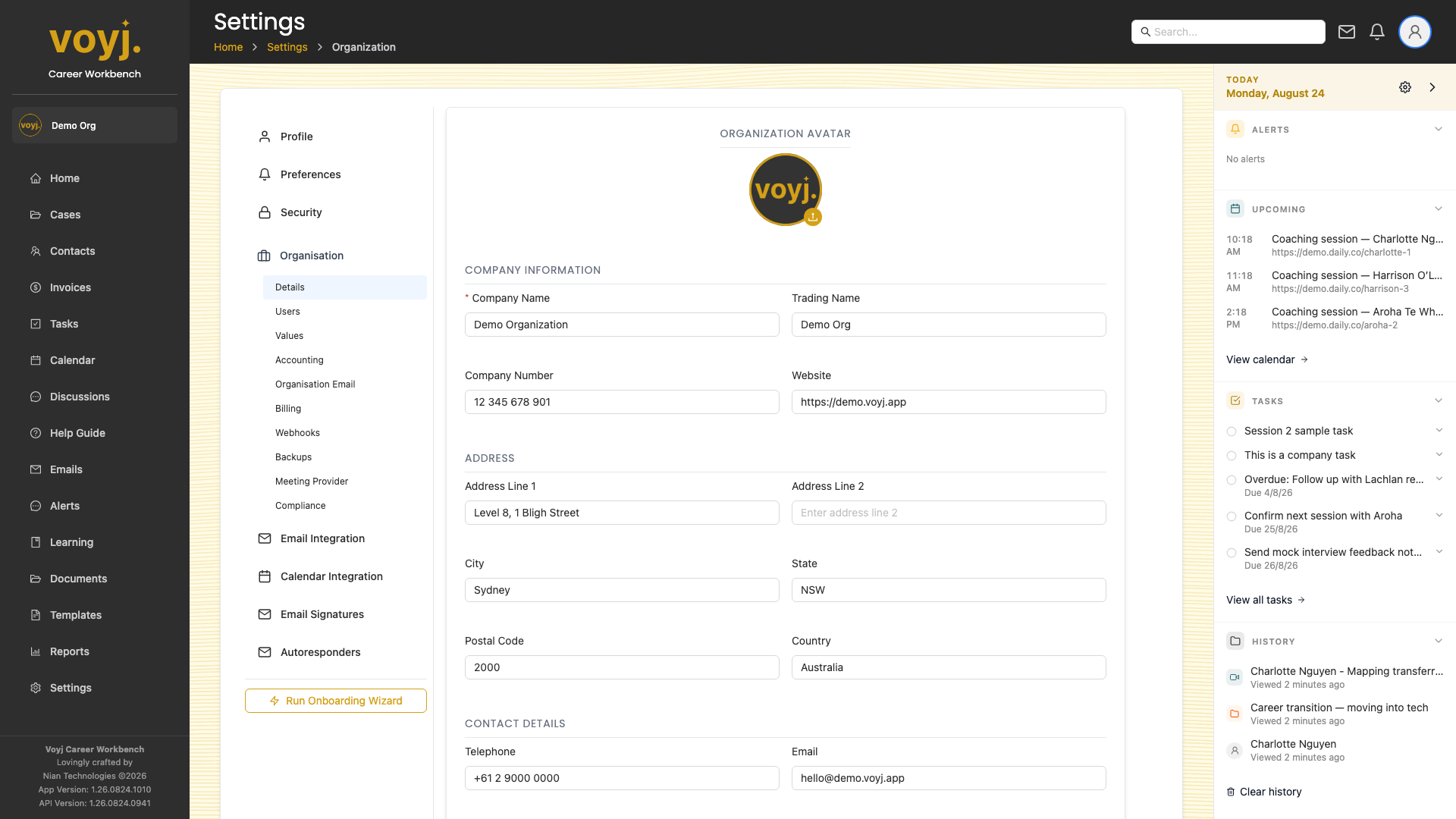 Voyj Organisation settings with ABN, address and Australian fields.